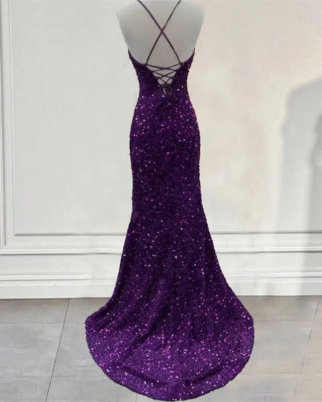 Cheap Dark Purple Prom Dress Sequin Mermaid Formal Evening Dress Split